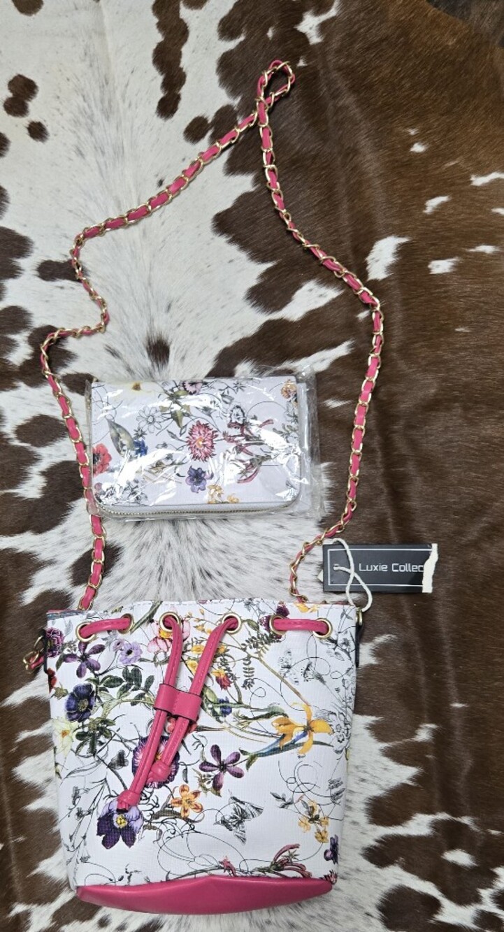 Luxie Floral Crossbody Bucket Bag with Matching Wallet - Pink Trim